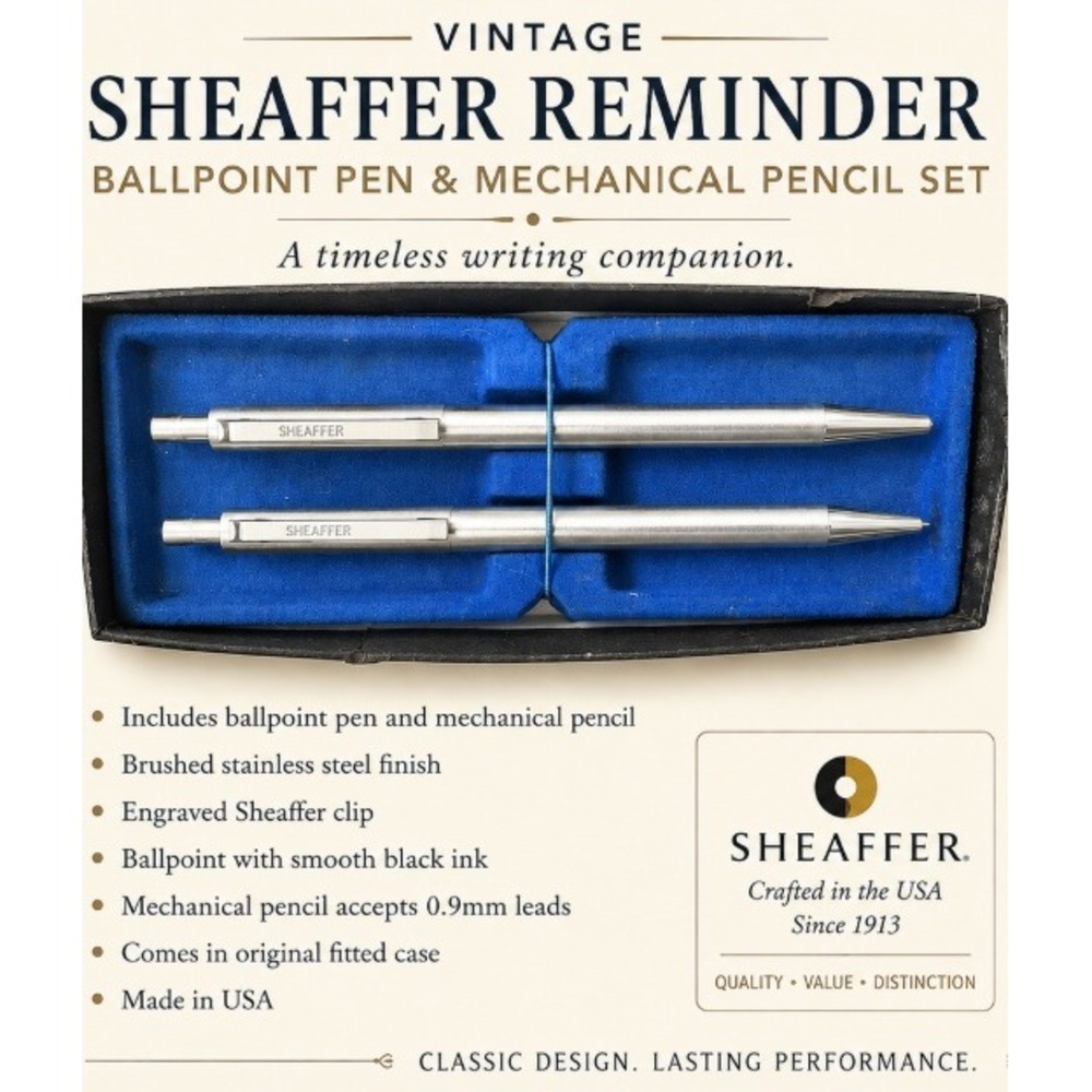 Vintage Sheaffer Reminder Ballpoint Pen Mechanical Pencil Set Brushed Steel USA